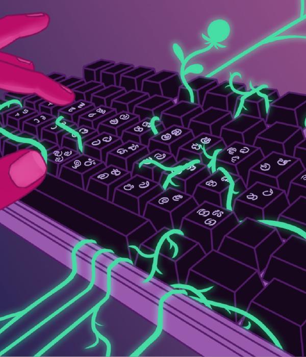We see a person’s left hand reaching towards a purple keyboard with black keys. On the keys are bright Sinhala characters. Vines and sprouting plants wind through the spaces between the keys and reach over the edge of the keyboard and out of frame.