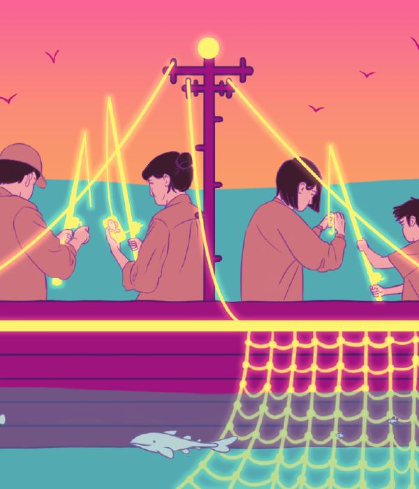 We see five people of all ages fishing together in a boat, with a cat playing with the fish in the water. Two elders are talking casually on the left side of the boat while they fish, and on the right side, a middle-aged person is teaching a child how to tie a hook onto their line. On the far right, a child has just caught a fish. Instead of a mast, the boat has an antenna with a glowing light on top. Glowing cables trail down from this antenna and connect to a light strip that wraps around the edges of the boat, as well as a glowing net that sits in the water. There are birds in the sky, flying close to two floating buildings off in the distance.