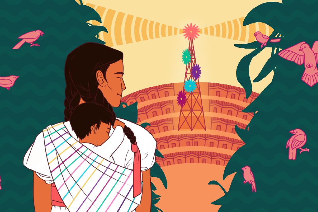 A parent carries a child on their back as they walk through a forest, and the child grips one of their braids contentedly. Around them, birds watch them and sing. The trees part to reveal a village with a radio tower at its center. The typical radio dishes on the tower are instead brightly colored flowers, transmitting to the community below.