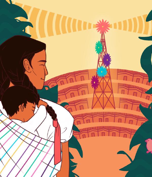 A parent carries a child on their back as they walk through a forest, and the child grips one of their braids contentedly. Around them, birds watch them and sing. The trees part to reveal a village with a radio tower at its center. The typical radio dishes on the tower are instead brightly colored flowers, transmitting to the community below.