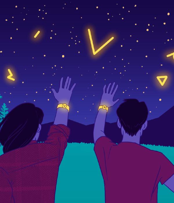Two people stand with their backs to the viewer, their dominant hands raised towards the night sky. They’re each wearing a glowing watch with an aboriginal syllabic character inscribed on the face. In the night sky above a mountain range, we see stars and characters: the characters are glowing to match the symbols on the peoples’ watches. On the right side of the illustration there are geese flying in and preparing to land. On the left side of the illustration we see trees and a lobstick, indicating that this place is special.