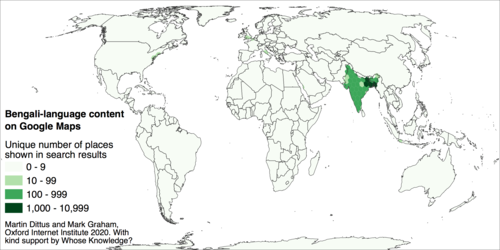 The information density of Google Maps for Bengali speakers. Darker shading indicates where search results include a greater number of places.