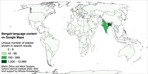 Densidade de informações do Google Maps para falantes de bengali. As cores mais escuras indicam onde os resultados de busca incluem maior número de locais.