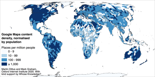 Google Maps content density normalised by population, for the 10 most widely spoken languages. Darker shading indicates where search results include a greater number of places relative to the local population density. (Population data: GHSL 2019)