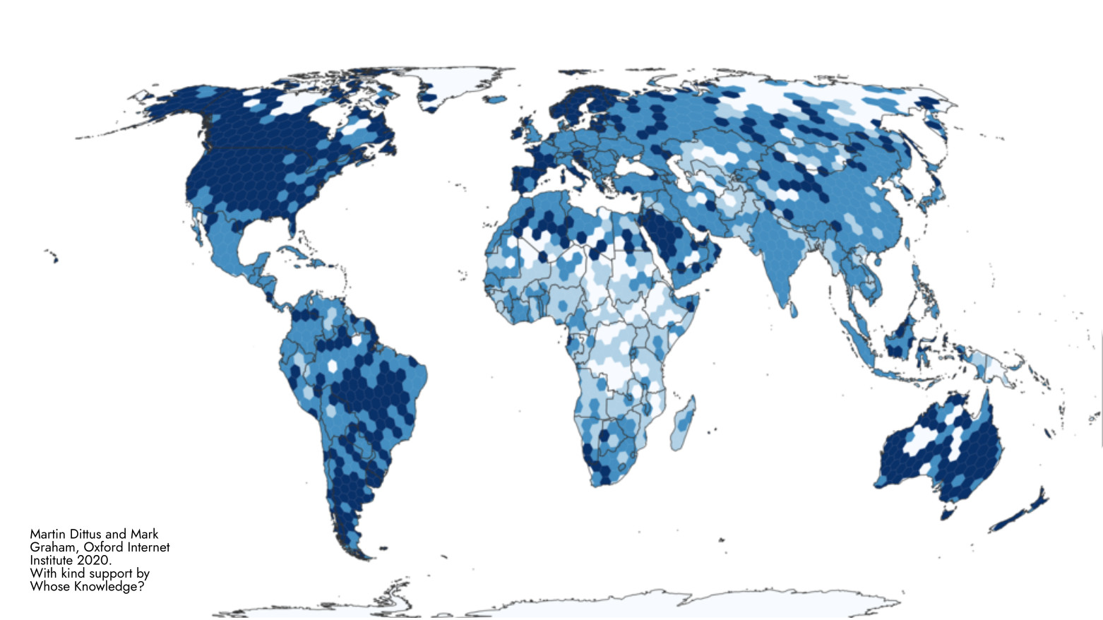 Google Maps content density normalised by population, for the 10 most widely spoken languages. Darker shading indicates where search results include a greater number of places relative to the local population density.