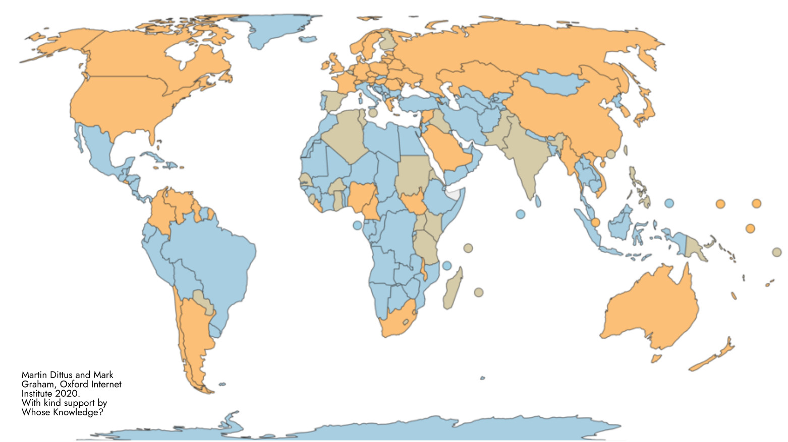 Wikipedia's local-language prevalence. Are the most detailed representations of a country written in a local language (orange and beige), or a foreign language (blue)
