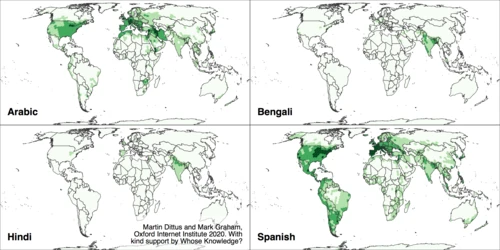 Densidade de informações das Wikipédias em árabe, bengali, hindi e espanhol no início de 2018. As cores mais escuras indicam maior número de artigos marcados geograficamente.