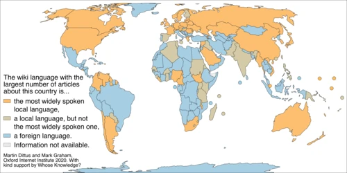 Wikipedia's local-language prevalence. Are the most detailed representations of a country written in a local language (orange and beige), or a foreign language (blue)? (Language data: Unicode CLDR 2019)