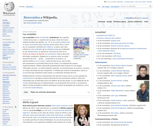 Interface da Wikipédia em espanhol.